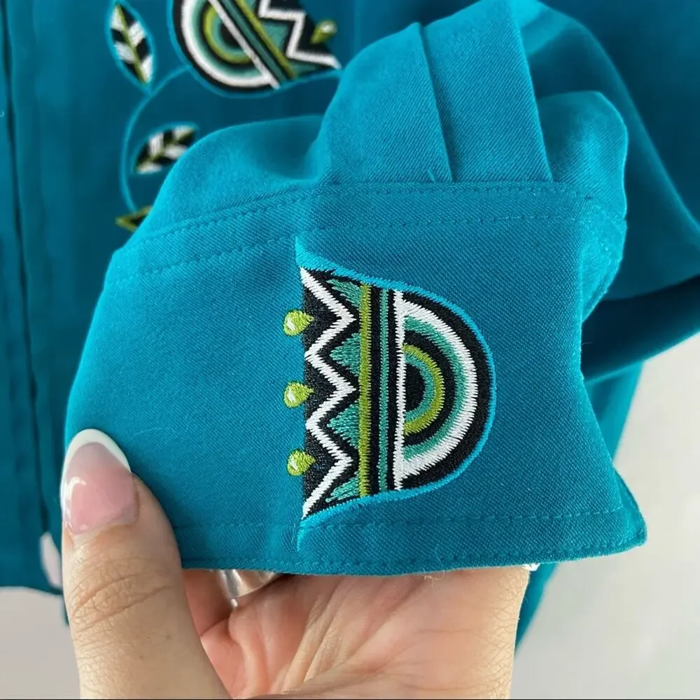 Bob Mackie L Wearable Art Teal Embroidered Floral Zip Lightweight Jacket
